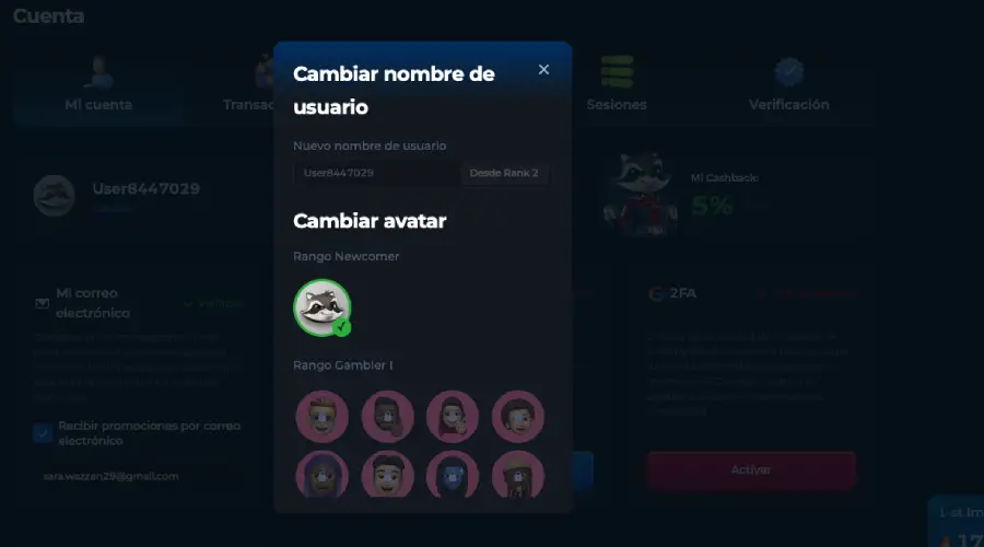 La personalización de Betfury está permitida a partir del rango 2 como se ve en la imagen.