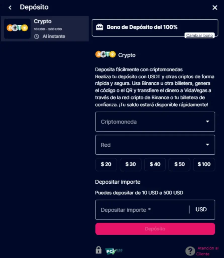 Interfaz de depósito de criptomonedas en VidaVegas Casino.