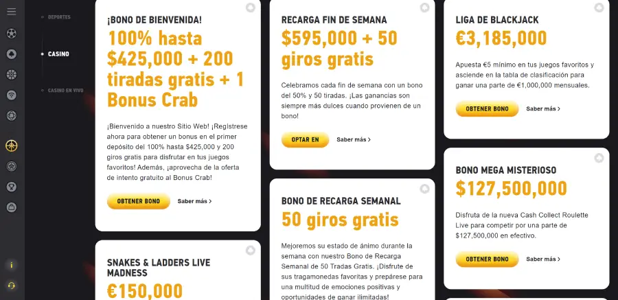 El área de bonos de Fezbet está dividida por tipos de ofertas.