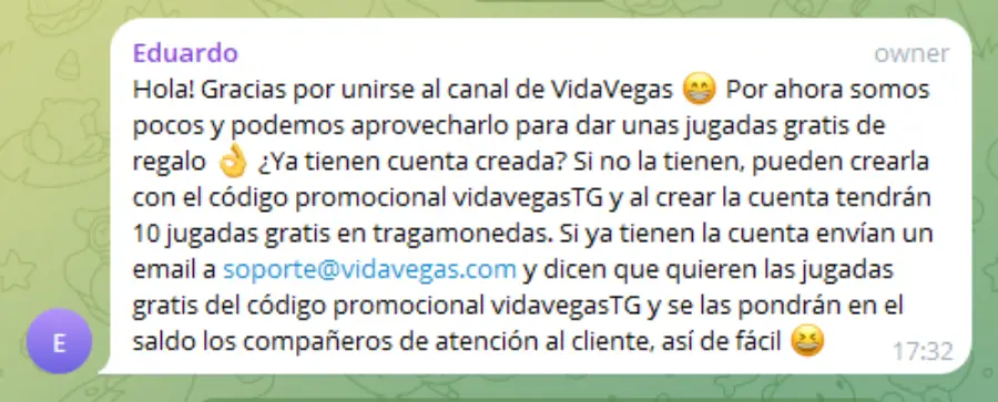 Mensaje de bienvenida del canal de Telegram de VidaVegas.