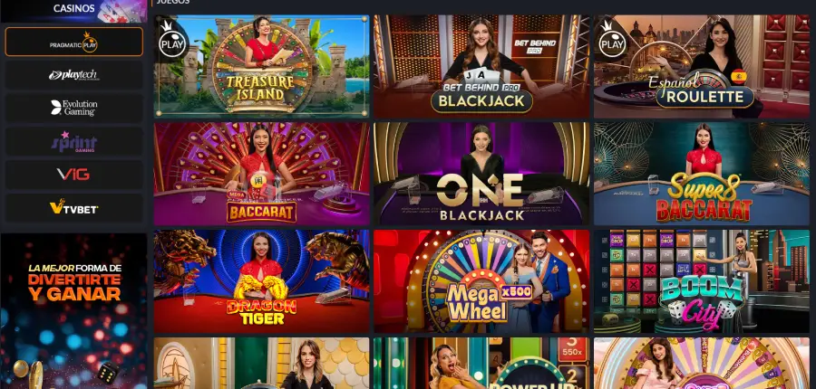 Juegaenlinea tiene un casino en vivo completo, con juegos de seis proveedores diferentes.