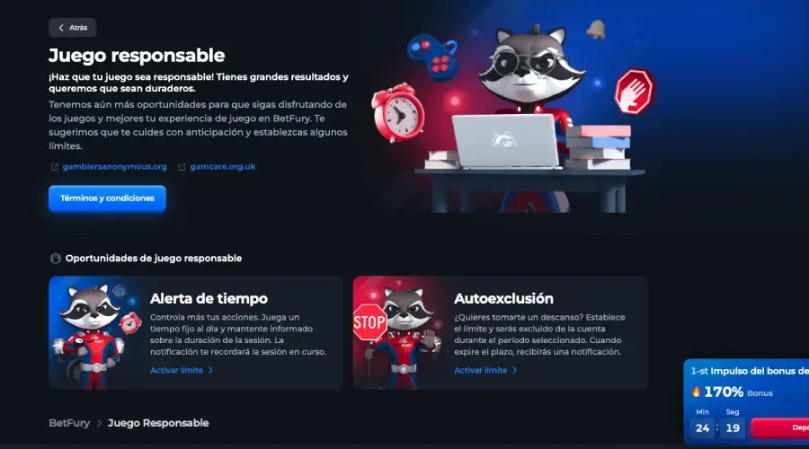 Sección de Juego Responsable desde tu cuenta en Betfury Casino.