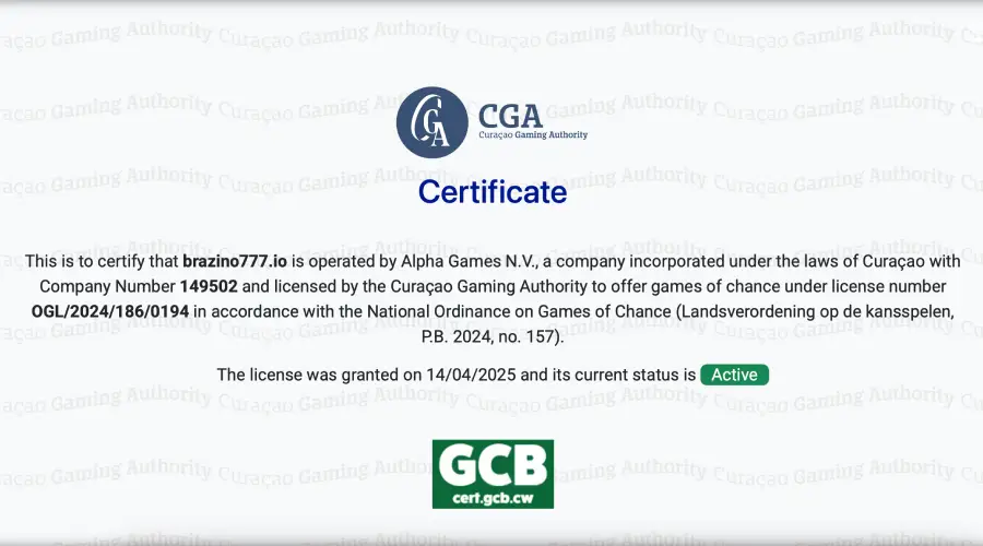 La imagen muestra la licencia de Curazao de Brazino777.