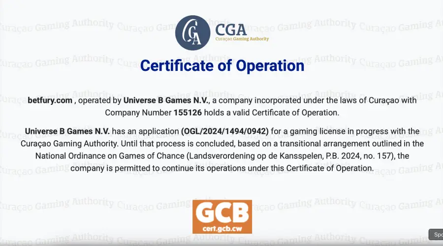 Captura de pantalla de la licencia de Betfury emitida por la GCB, se puede acceder desde el pie de página del casino.