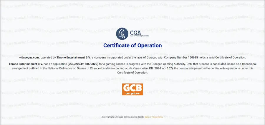 La imagen muestra el certificado de operación de VidaVegas emitido por la GCB.