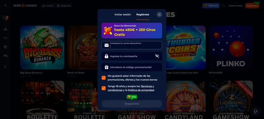 El registro en el casino de Nine es un proceso sencillo