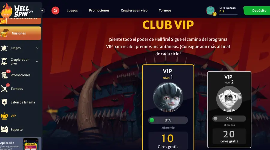 El programa VIP de Hell Spin tiene 12 niveles, cada uno con recompensas y beneficios.