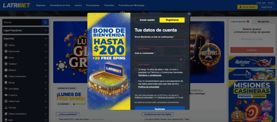 Formulario de registro en Latribet Casino. 