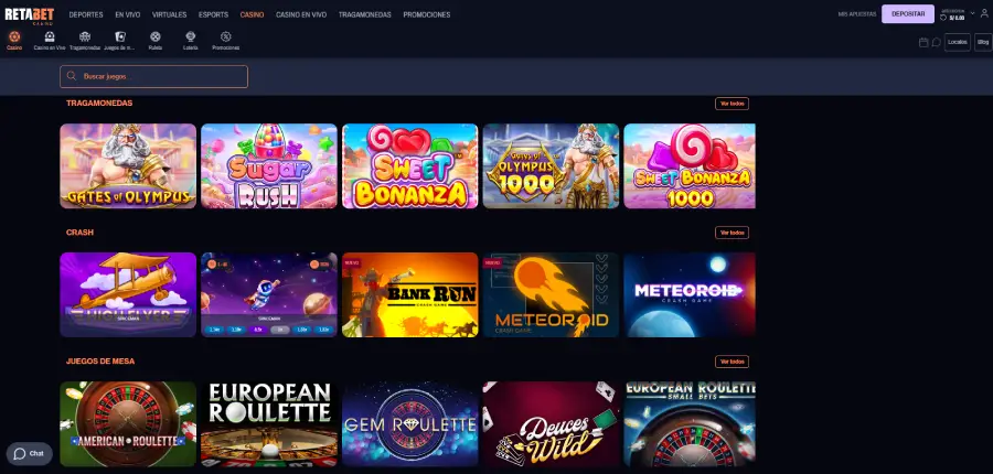 El área de juegos de Retabet Casino cuenta con una selección limitada de títulos.