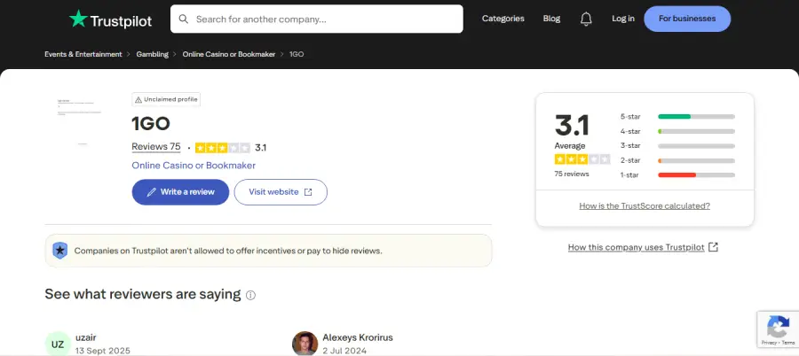 1Go tiene una puntuación media en Trustpilot.