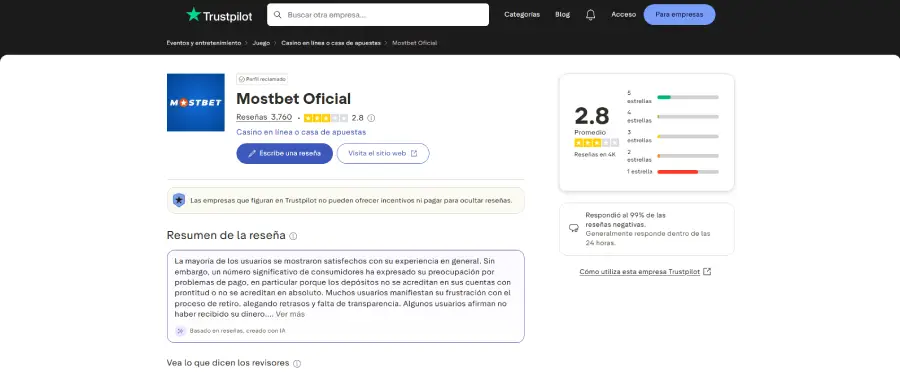 Mostbet tiene miles de reseñas en Trustpilot.