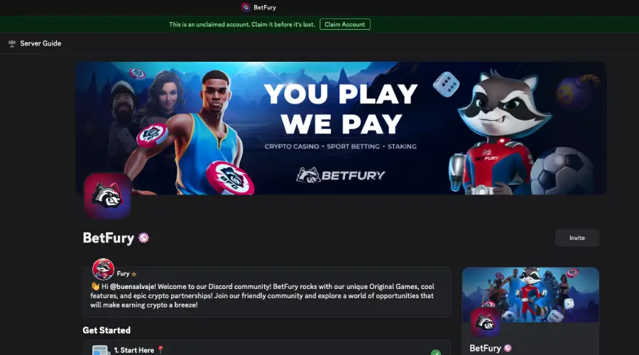 Betfury mostrando su eslogan en su canal de Discord.