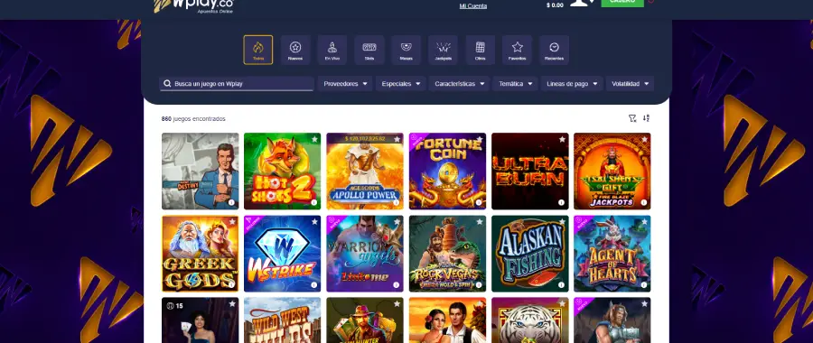 Las opciones de búsqueda de juegos de Wplay Casino permiten encontrar fácilmente todo tipo de títulos.