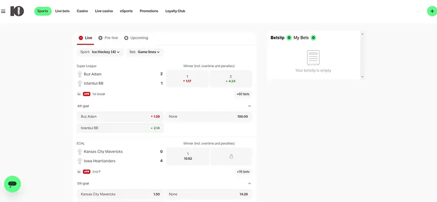 Sección de apuestas deportivas, destacando la Betslip.