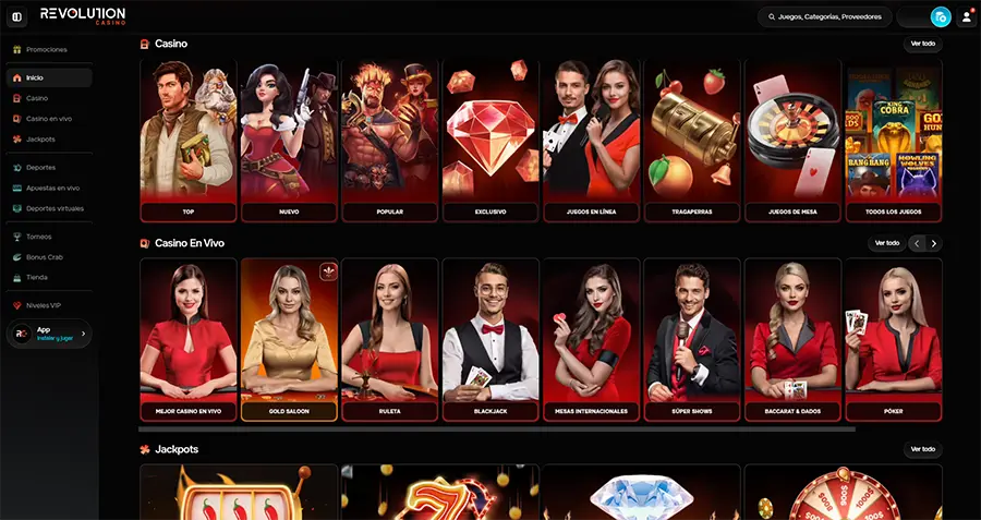 Captura de pantalla en la que se muestran las categorías base de los juegos de casino.