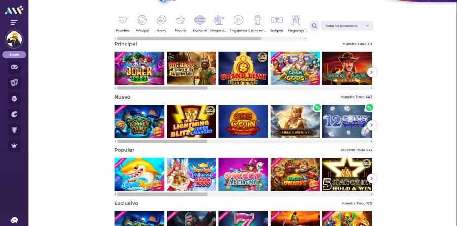 Los más de 10,000 juegos de Alf Casino se despliegan en el área de "Casino" de la plataforma.