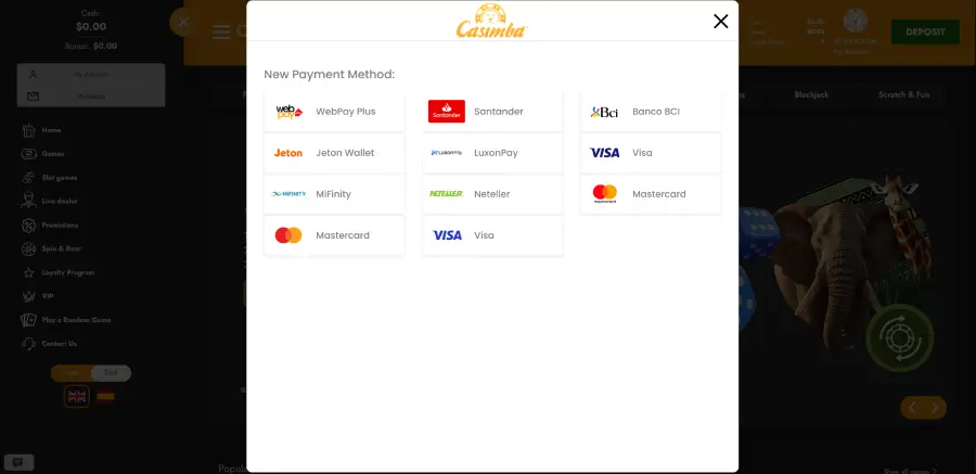 Hay una buena selección de pago en Casimba Casino, tanto internacionales como nacionales.