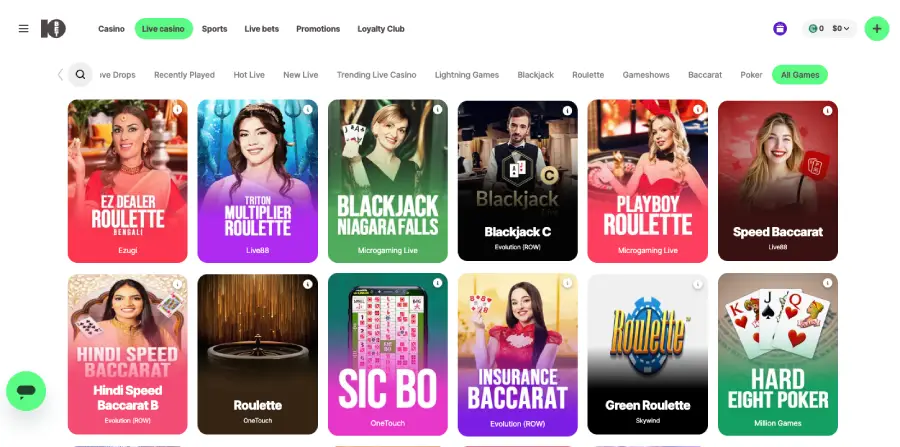 Lobby del casino en vivo de 10Bet. 