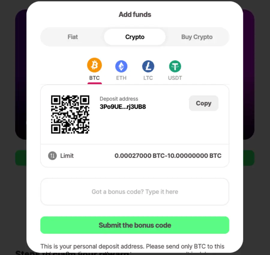 Depositar criptomonedas en 10Bet. 