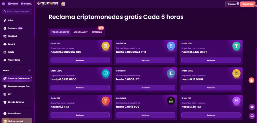 En TrustDice puedes reclamar criptomonedas gratis.
