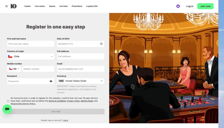 Formulario de registro de 10Bet Casino. 