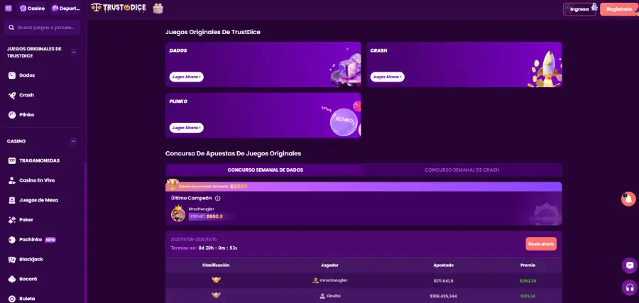 Sección de juegos originales de TrustDice.