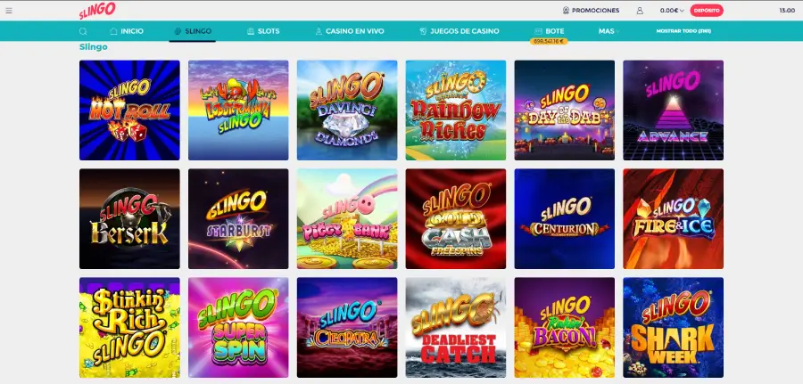 Selección de juegos Slingo, una mezcla de bingo y slots, en Slingo Casino