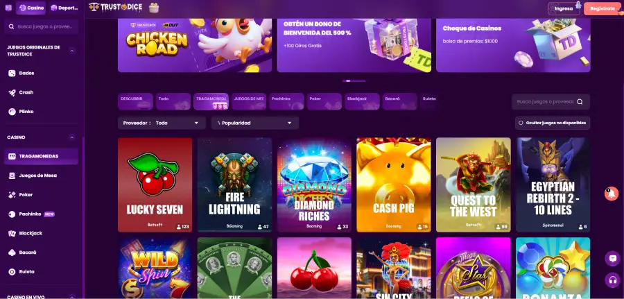 Sección de juegos de casino en TrustDice.