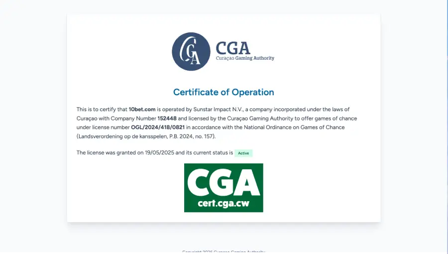 La imagen muestra el certificado de operación de 10Bet. 