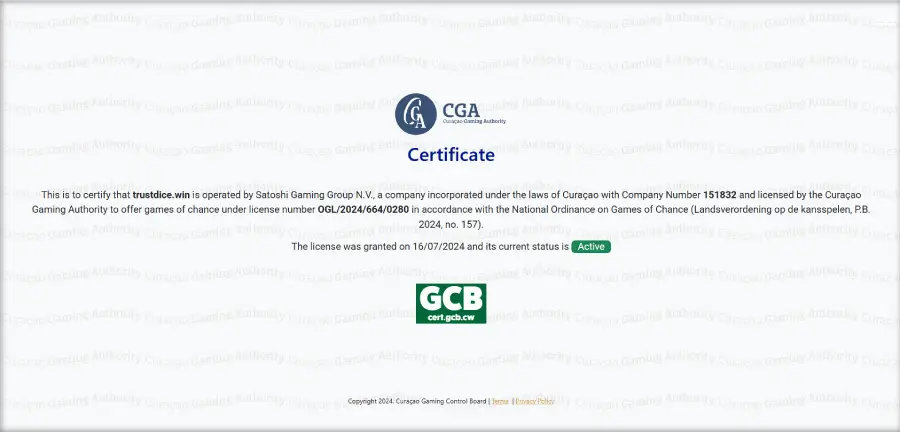 Licencia de operación de TrustDice emitida por la GCB.