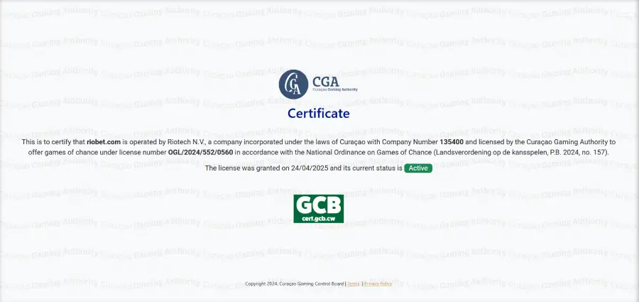 Riobet está autorizado por la GBC de Curazao, una de las licencias más comunes del mercado.