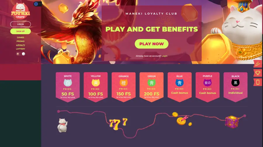 Maneki Casino tiene un programa de fidelidad llamado Lucky Cat Loyalty Club