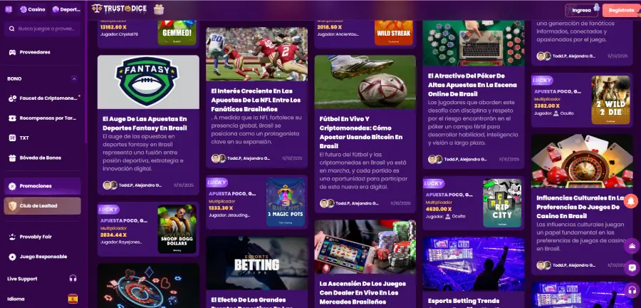 En algunas páginas, TrustDice tiene exceso de información.