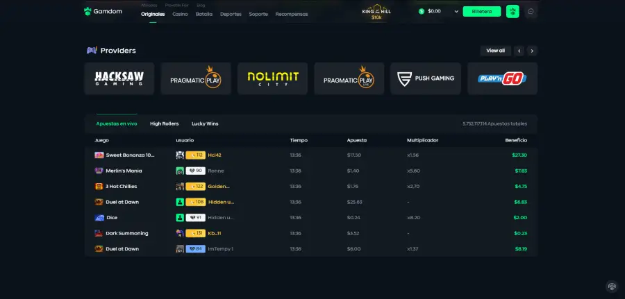 Gamdom destaca en su página principal un ranking de las mejores apuestas en vivo