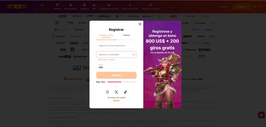 Formulario de registro de HitNSpin.
