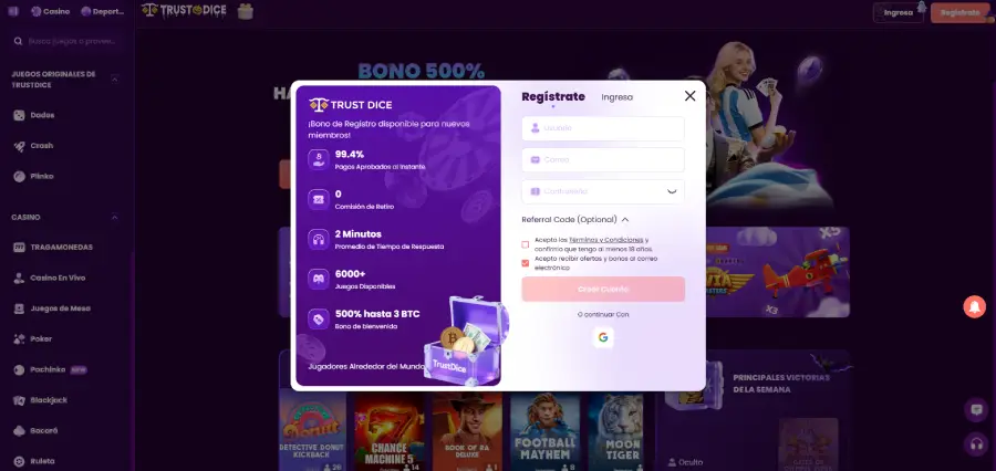 Formulario de registro en TrustDice.