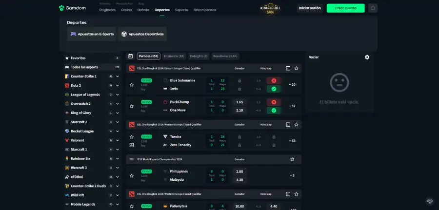 Gamdom cuenta con una amplia sección de apuestas deportivas y e-sports