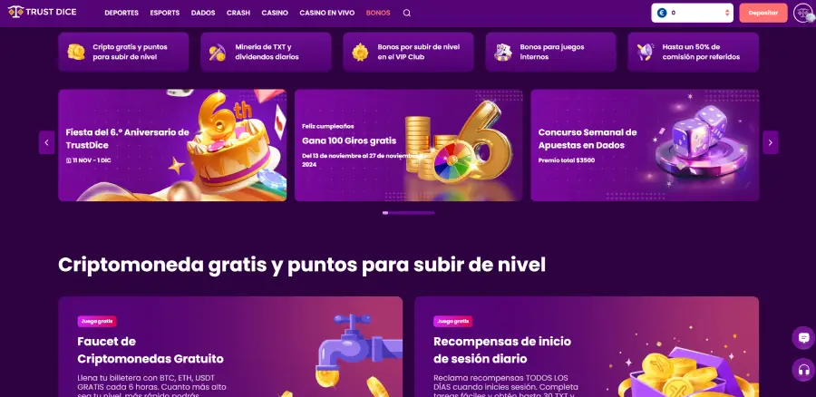 Trust Dice Casino tiene una buena selección de bonos, como puedes ver en la imagen.