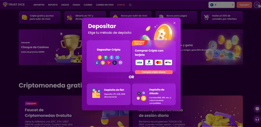 Trust Dice Casino ofrece medios de pago variados y facilidades para depositar y retirar.