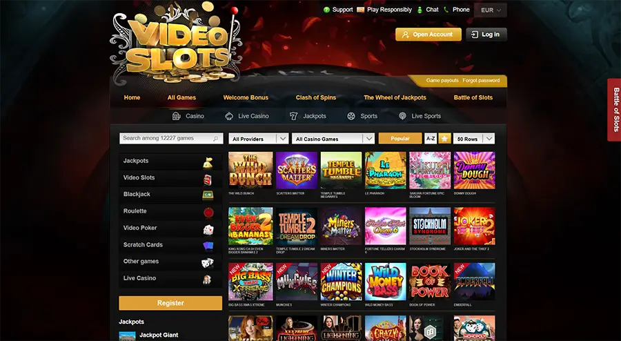 Captura de pantalla en la que te muestro el buscador de la sección de juegos de Videoslots Casino.