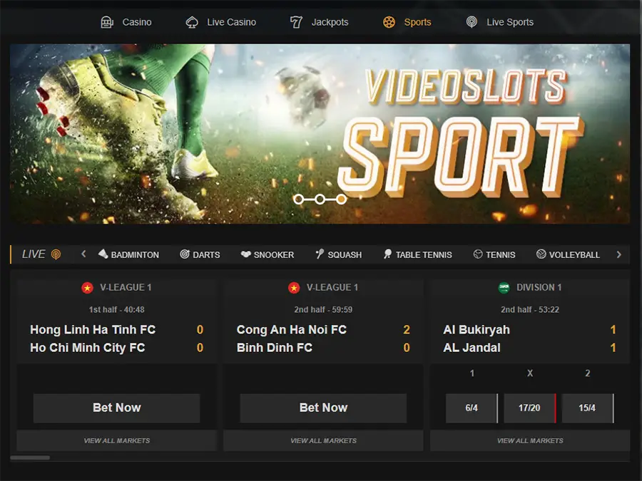 Captura de pantalla de la sección de apuestas deportivas de VideoSlots Casino.