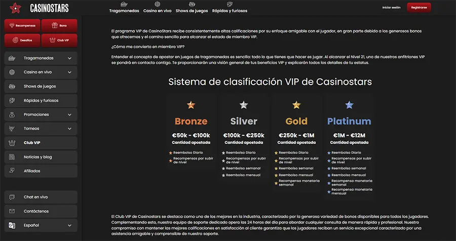 Captura de pantalla en donde se muestran los niveles VIP en Casinostars.