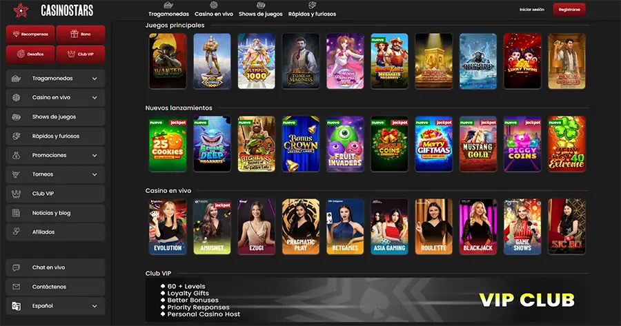 Captura de pantalla de la home page de Casinostars enfocada en las categorias de juego de casino. 