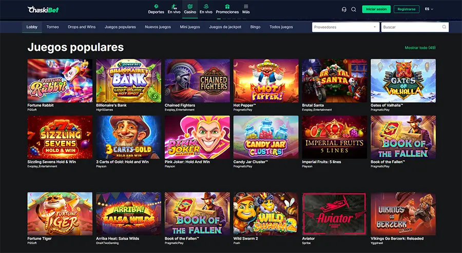 Captura de pantalla a la sección de juegos de casino de Chaskibet 