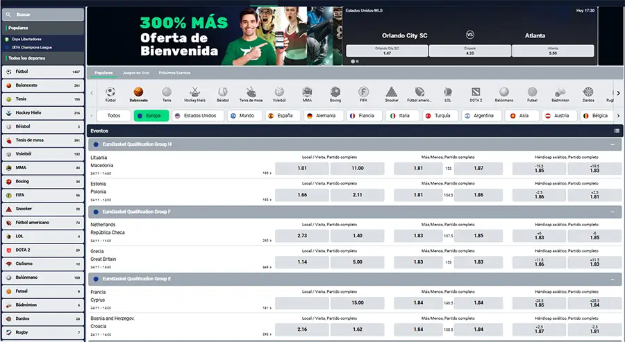 Sección de apuestas deportivas de Chaskibet.