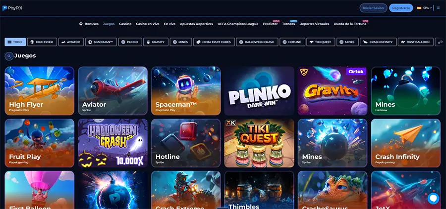 Captura de pantalla de la página de inicio de PlayPIX enfocando su variedad de juegos