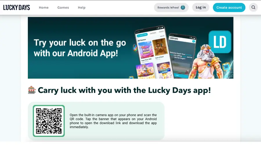 La aplicación móvil de Lucky Days está disponible para Android.