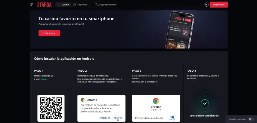 La app de Starda Casino está disponible para Android.