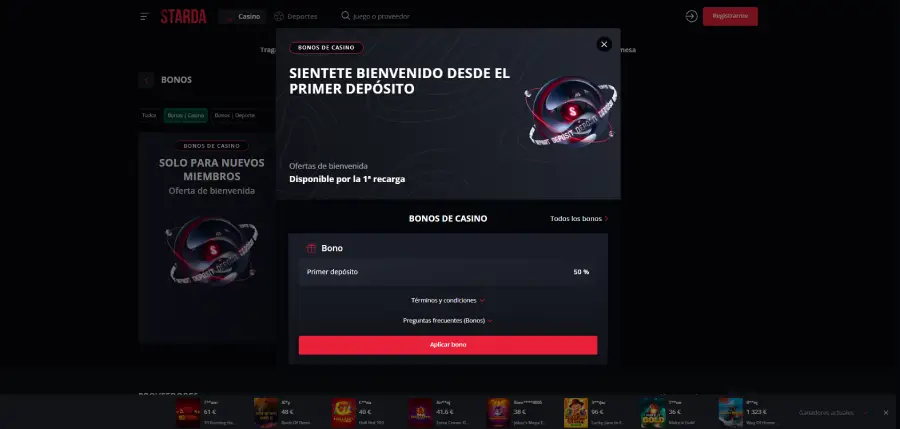 El bono de bienvenida de Starda bonifica con un 50%.