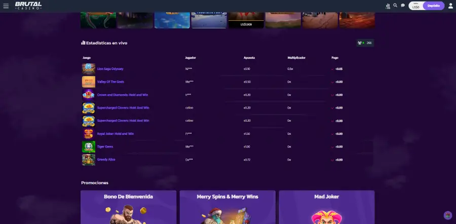 Puedes ver las estadísticas de los usuarios activos en Brutal Casino.